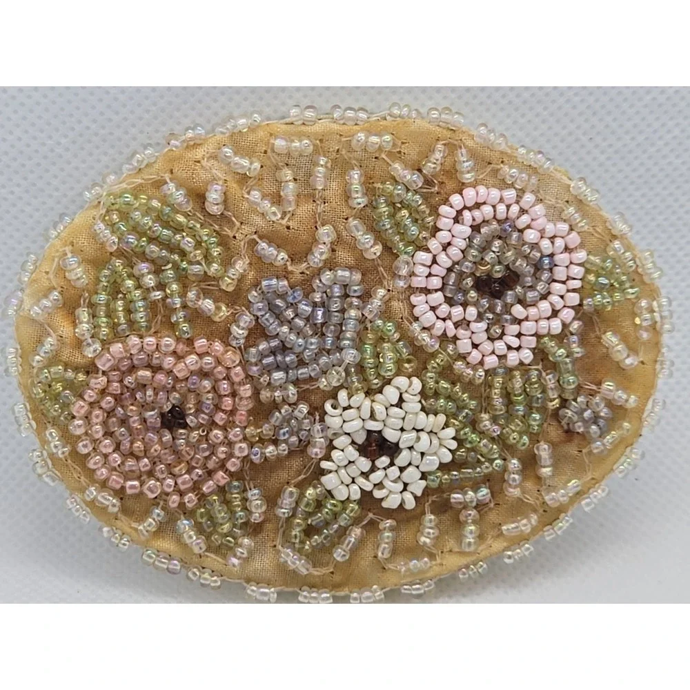 Antique Pink‎ White Pearl Beaded Hand Purse Mirror 3.5